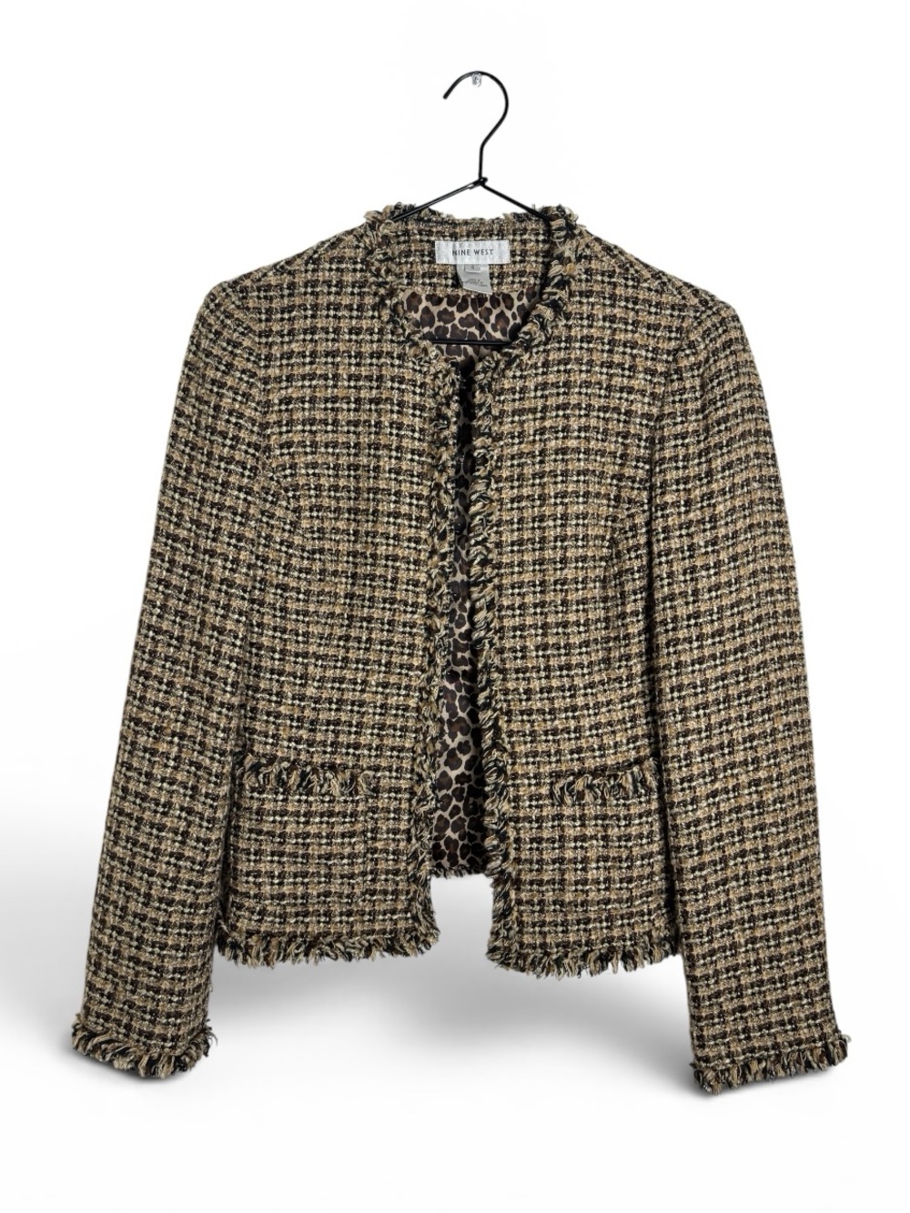 Nine West Brown Black Cream Tweed Fringe-Trim Jacket